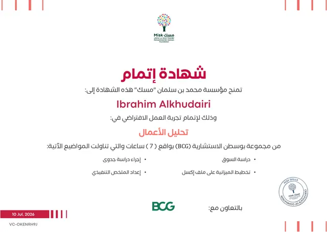 Business Analysis Virtual Work Experience, issued by BCG with Misk Skills