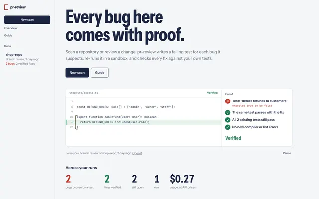 The dashboard overview replaying a fix: the failing test, the patched line, the existing tests and the static checks all passing, marked Verified