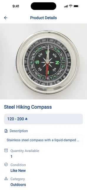 Product Details for a steel hiking compass with its photo, price range, description, quantity, condition and category