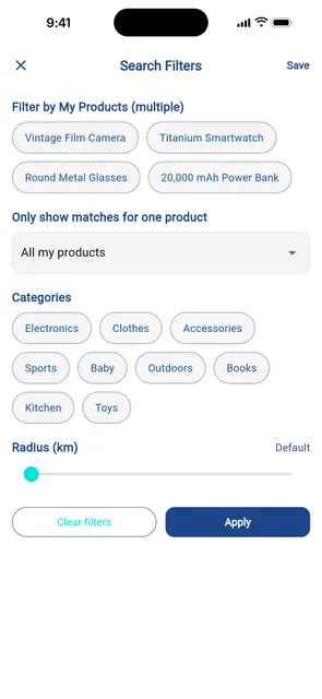 Search Filters screen for narrowing the Bazaar to some of the user's own items, to categories and to a radius
