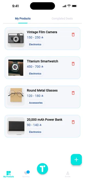 My Products list with a film camera, a smartwatch, glasses and a power bank, each with its price range in riyals and its category