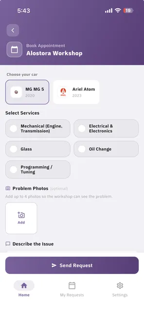 Booking a workshop in Theq: choosing a car, selecting services such as Mechanical and Oil Change, adding problem photos and describing the issue