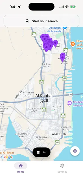 Map view in Theq with purple pins marking workshops around Al Khobar