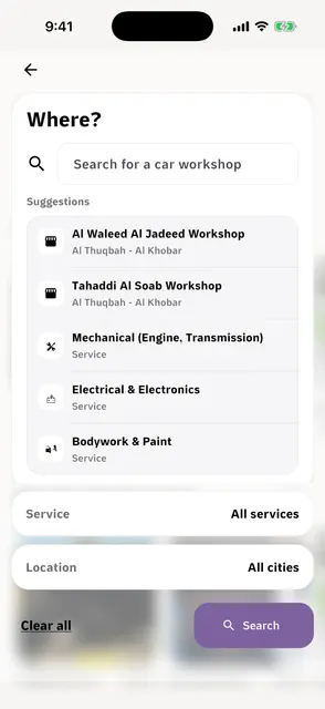 Search sheet in Theq with a workshop search field, suggestions, and Service and Location filters