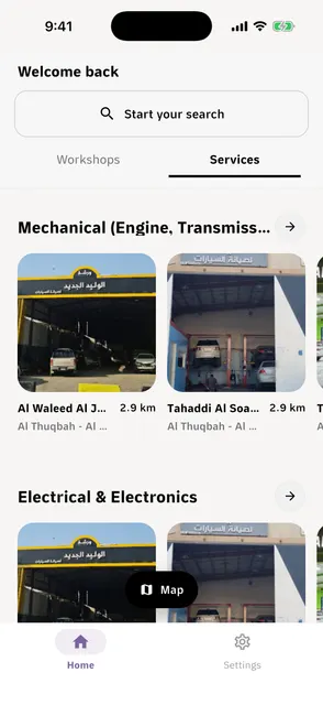 Services tab in Theq listing workshops grouped by service such as Mechanical and Electrical & Electronics